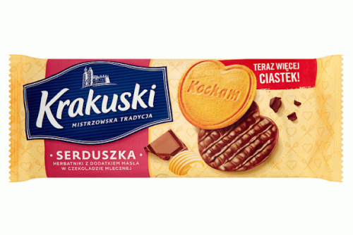 Zdjęcie produktu: Krakuski Serduszka Herbatniki z dodatkiem masła w czekoladzie mlecznej 171 g
