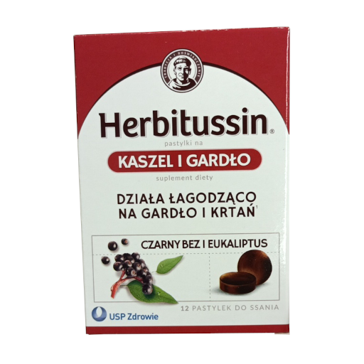 Zdjęcie produktu: Herbitussin Czarny bez i eukaliptus Pastylki na kaszel i gardło Suplement diety 12 pastylek