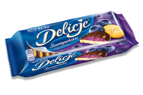 Zdjęcie produktu: Delicje Szampańskie Biszkopty z galaretką o smaku jagodowym oblewane czekoladą 147 g